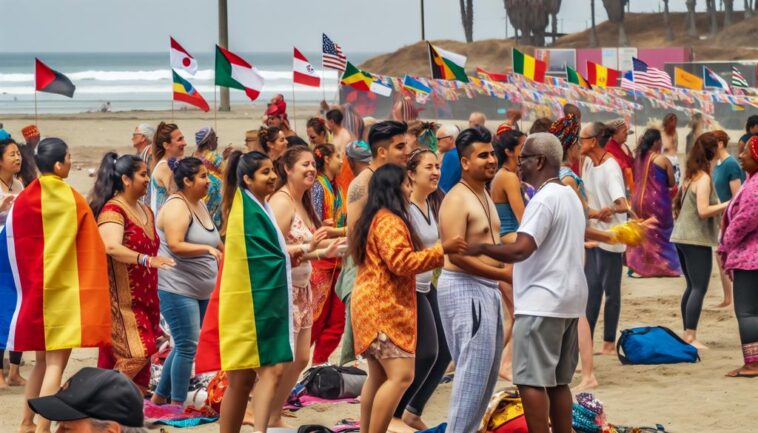 a group of people standing on a beach